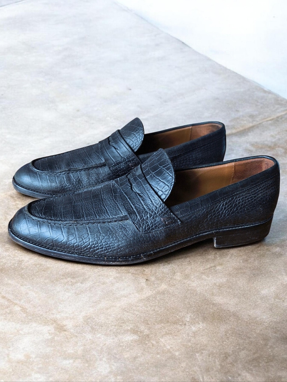 To Boot Black Croc-Embossed Leather Penny Loafers